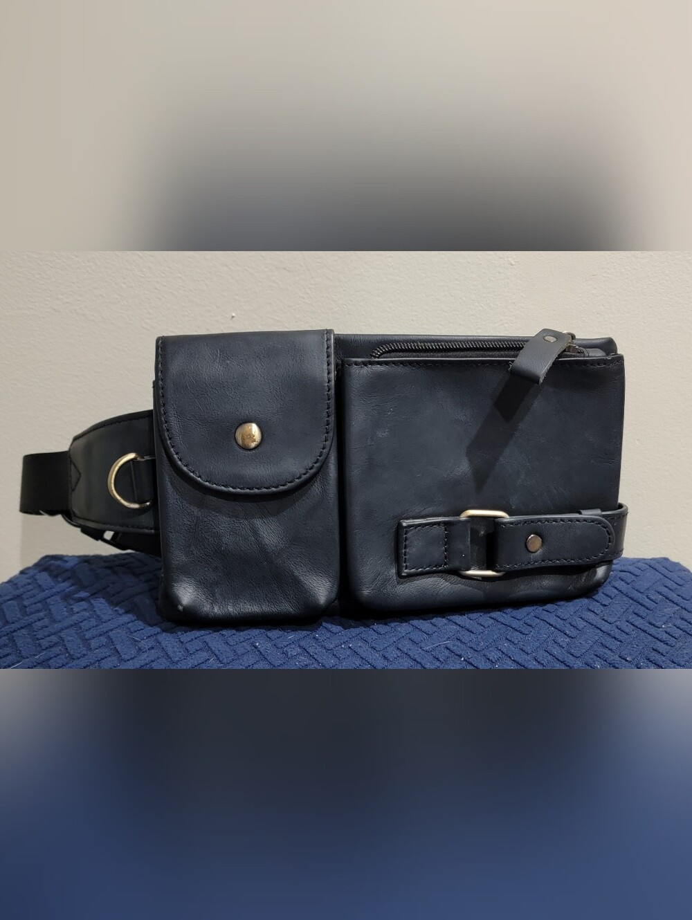 Classic Black Leather Crossbody with Dual Front Pockets and Gold Hardware